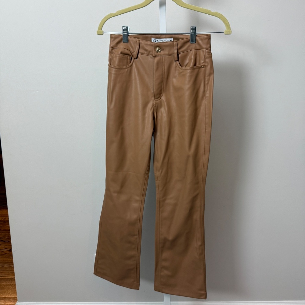 Zara‎ Faux Leather Wide Leg Pants whisky size 0 - Picture 6 of 6